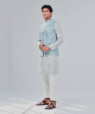 Powder Blue Dupion Silk Nehru Jacket 6