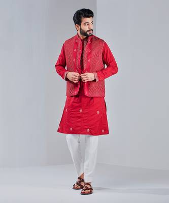 Pompeian Red Dupion Silk Nehru Jacket 1