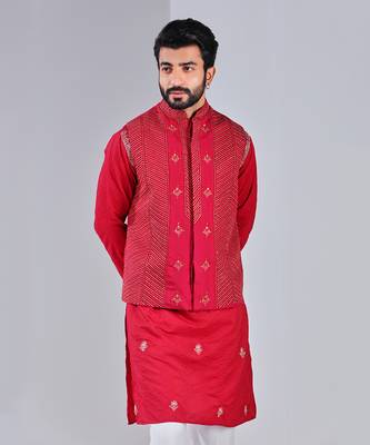 Pompeian Red Dupion Silk Nehru Jacket 2