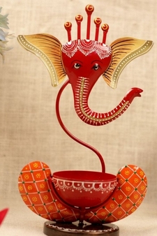 Trinity Craft Iron Red Ganesha Handpainted T-Light Holder |Table Decor | Wall Decor | Table showpiece | Home Showpiece
