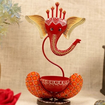 Trinity Craft Iron Red Ganesha Handpainted T-Light Holder |Table Decor | Wall Decor | Table showpiece | Home Showpiece 1
