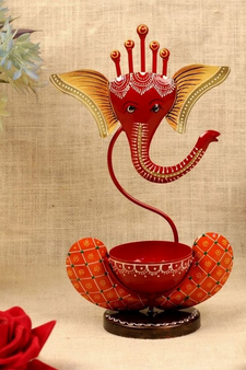 Trinity Craft Iron Red Ganesha Handpainted T-Light Holder |Table Decor | Wall Decor | Table showpiece | Home Showpiece