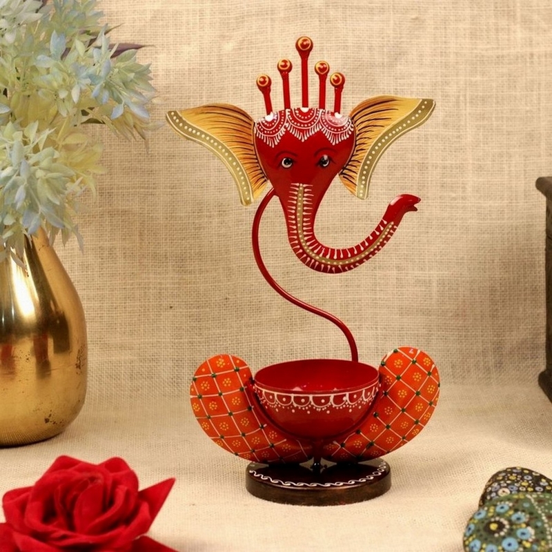 Trinity Craft Iron Red Ganesha Handpainted T-Light Holder |Table Decor | Wall Decor | Table showpiece | Home Showpiece