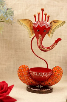 Trinity Craft Iron Red Ganesha Handpainted T-Light Holder |Table Decor | Wall Decor | Table showpiece | Home Showpiece