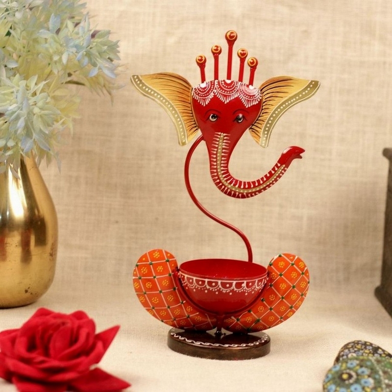 Trinity Craft Iron Red Ganesha Handpainted T-Light Holder |Table Decor | Wall Decor | Table showpiece | Home Showpiece