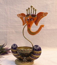 Trinity Craft Iron Yellow Ganesha Handpainted T-Light Holder |Table Decor | Wall Decor | Table showpiece | Home Showpiec
