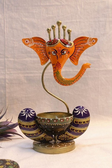 Trinity Craft Iron Yellow Ganesha Handpainted T-Light Holder |Table Decor | Wall Decor | Table showpiece | Home Showpiec