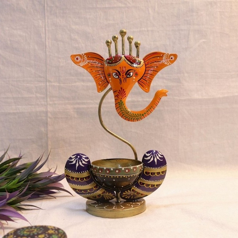 Trinity Craft Iron Yellow Ganesha Handpainted T-Light Holder |Table Decor | Wall Decor | Table showpiece | Home Showpiec