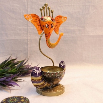 Trinity Craft Iron Yellow Ganesha Handpainted T-Light Holder |Table Decor | Wall Decor | Table showpiece | Home Showpiec 3