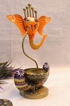 Trinity Craft Iron Yellow Ganesha Handpainted T-Light Holder |Table Decor | Wall Decor | Table showpiece | Home Showpiec
