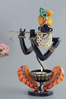 Trinity Craft Iron Black And Orange Handpainted T-Light Krishna Candle Holder |Table Decor | Wall Decor