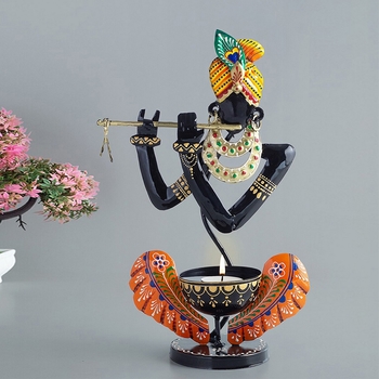 Trinity Craft Iron Black And Orange Handpainted T-Light Krishna Candle Holder |Table Decor | Wall Decor 1