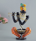 Trinity Craft Iron Black And Orange Handpainted T-Light Krishna Candle Holder |Table Decor | Wall Decor