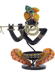 Trinity Craft Iron Black And Orange Handpainted T-Light Krishna Candle Holder |Table Decor | Wall Decor