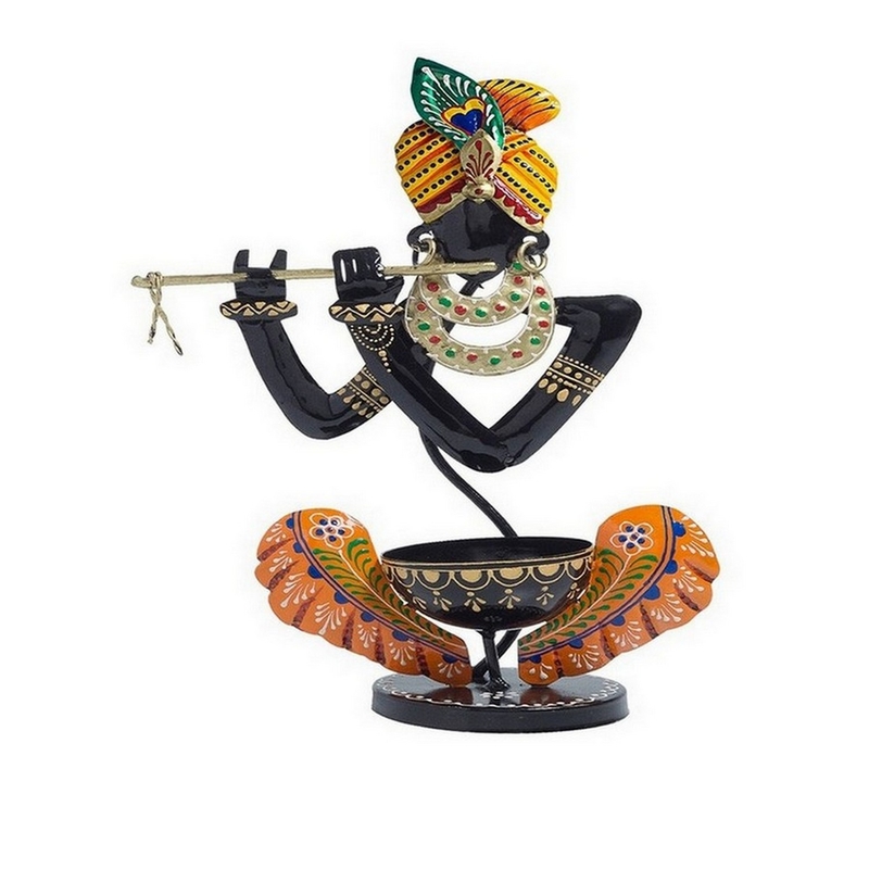 Trinity Craft Iron Black And Orange Handpainted T-Light Krishna Candle Holder |Table Decor | Wall Decor