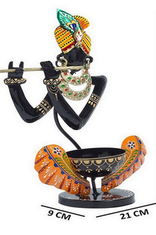 Trinity Craft Iron Black And Orange Handpainted T-Light Krishna Candle Holder |Table Decor | Wall Decor