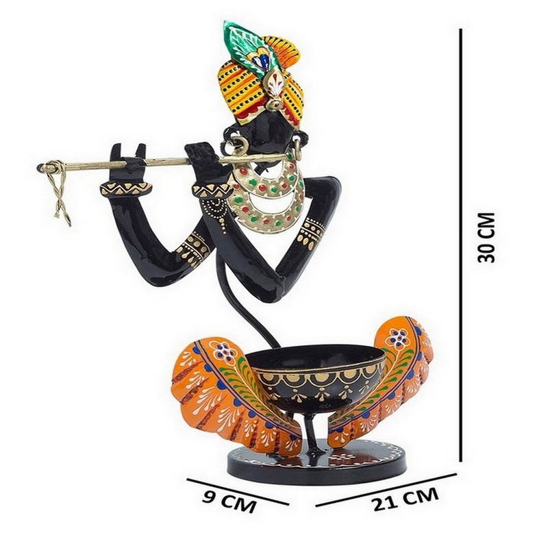 Trinity Craft Iron Black And Orange Handpainted T-Light Krishna Candle Holder |Table Decor | Wall Decor