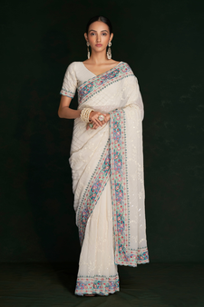 White Embroidered Georgette Saree With Blouse