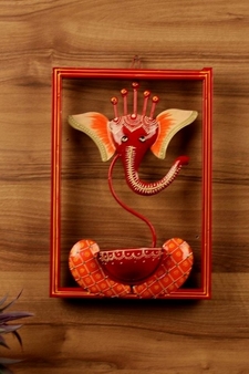 Trinity Craft Iron Handpainted Red Ganesh T-Light In Frame Wall Art | Table Decor | Wall Decor | Table showpiece