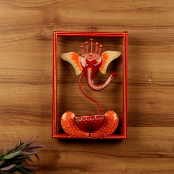 Trinity Craft Iron Handpainted Red Ganesh T-Light In Frame Wall Art | Table Decor | Wall Decor | Table showpiece 1
