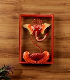 Trinity Craft Iron Handpainted Red Ganesh T-Light In Frame Wall Art | Table Decor | Wall Decor | Table showpiece