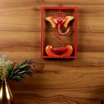 Trinity Craft Iron Handpainted Red Ganesh T-Light In Frame Wall Art | Table Decor | Wall Decor | Table showpiece 2