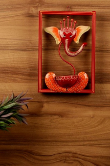 Trinity Craft Iron Handpainted Red Ganesh T-Light In Frame Wall Art | Table Decor | Wall Decor | Table showpiece
