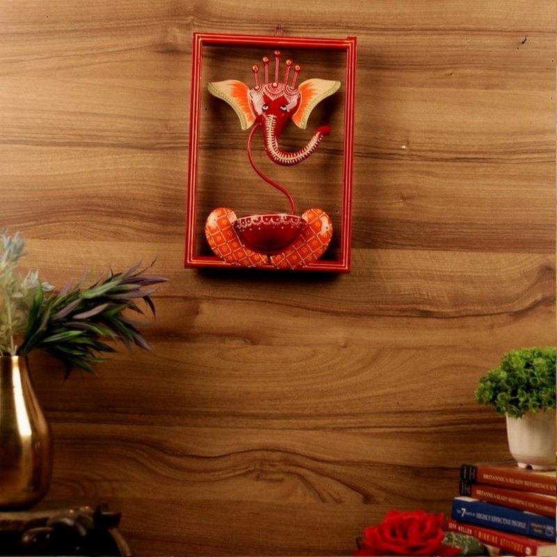 Trinity Craft Iron Handpainted Red Ganesh T-Light In Frame Wall Art | Table Decor | Wall Decor | Table showpiece