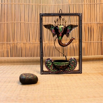 Trinity Craft Iron Handpainted Black Ganesh T-Light In Frame Wall Art | Table Decor | Wall Decor | Table showpiece 1