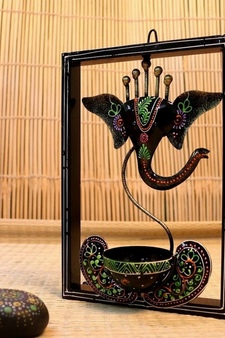 Trinity Craft Iron Handpainted Black Ganesh T-Light In Frame Wall Art | Table Decor | Wall Decor | Table showpiece
