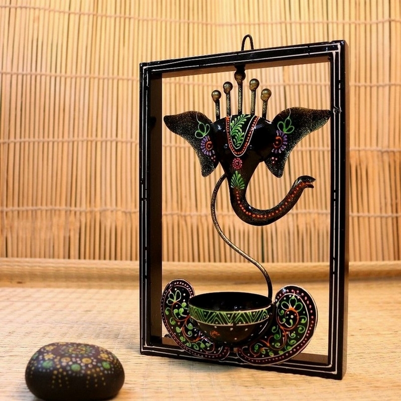 Trinity Craft Iron Handpainted Black Ganesh T-Light In Frame Wall Art | Table Decor | Wall Decor | Table showpiece