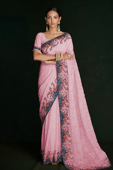 Pink Embroidered Georgette Saree With Blouse