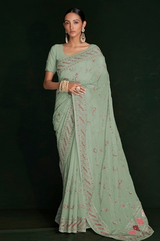 Green Embroidered Georgette Saree With Blouse