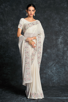 White embroidered georgette saree with blouse