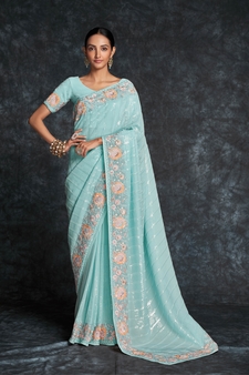 Blue Embroidered Georgette Saree With Blouse