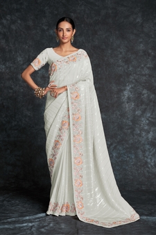 White Embroidered Georgette Saree With Blouse