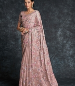 Peach embroidered organza saree with blouse