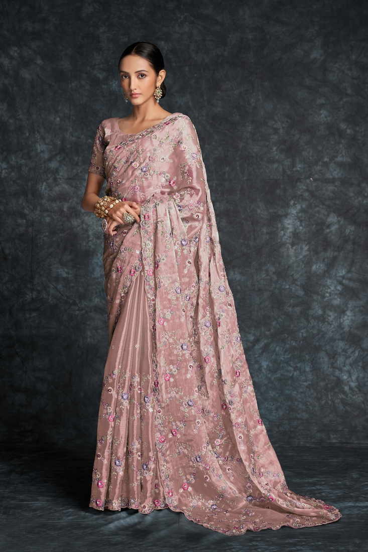 Peach embroidered organza saree with blouse