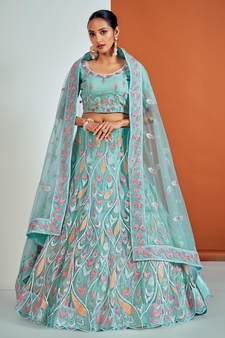 Turquoise embroidered net semi stitched lehenga