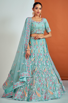 Turquoise embroidered net semi stitched lehenga
