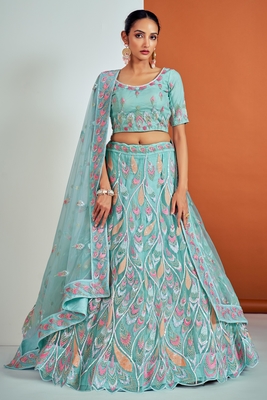 Turquoise embroidered net semi stitched lehenga 3