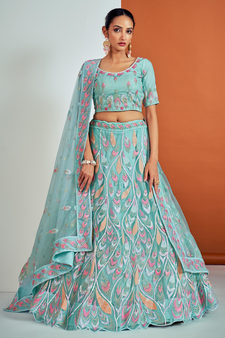 Turquoise embroidered net semi stitched lehenga
