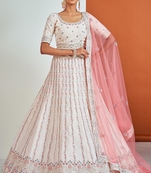 White embroidered georgette semi stitched lehenga