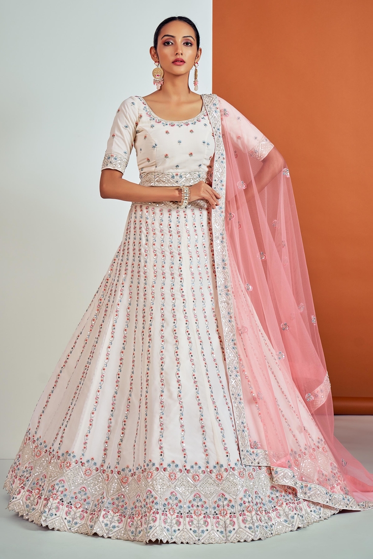 White embroidered georgette semi stitched lehenga