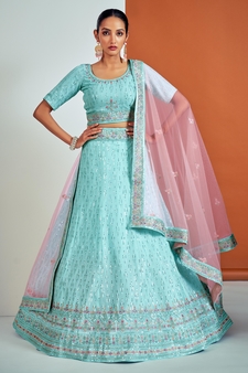Turquoise embroidered georgette semi stitched lehenga