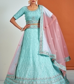 Turquoise embroidered georgette semi stitched lehenga