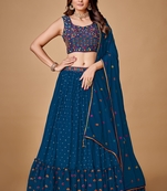 Dark-blue embroidered crepe stitched lehenga