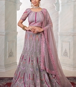 Lilac embroidered net semi stitched lehenga