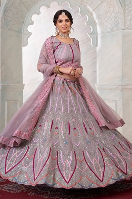 Lilac embroidered net semi stitched lehenga 2