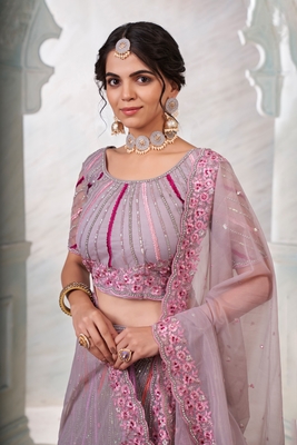 Lilac embroidered net semi stitched lehenga 3